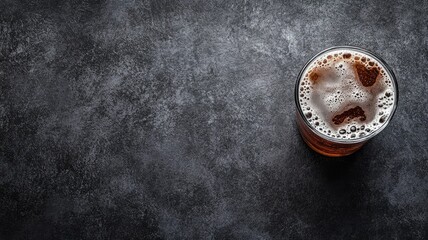 Glass of dark beer with frothy head on textured surface