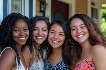 Fototapeta premium Friends enjoying a sunny day together on a porch with cheerful smiles and vibrant outfits