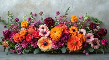 Fototapeta premium Vibrant floral arrangement with orange, pink, and purple flowers.