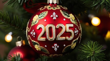 Christmas ornament hanging on a tree. christmas red ball with new year celebration 2025, gold numerals with a shiny finish