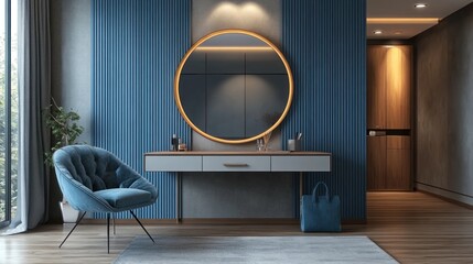 Modern bedroom vanity with blue velvet chair, round mirror, and stylish accessories.