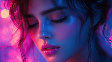 Fototapeta premium Portrait of a Beautiful Young Woman with Radiant Skin and Dreamy Lights in Impressionistic Style