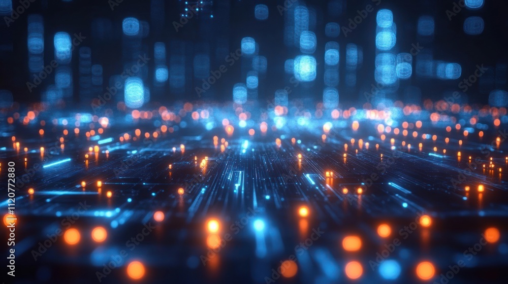 Poster futuristic digital landscape with illuminated circuit elements in cyberpunk style with quantum compu