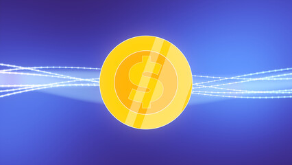 2D Coin in center And Technology Digital Data Line Stream Network Connection Background