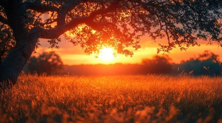 Vibrant sunset over a field with a large tree silhouetted against the fiery sky.