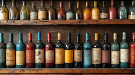 Vintage wine bottles on rustic wooden shelves.