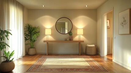Fototapeta premium urban modern entryway with a minimalist console table, chic mirror, and stylish floor rug