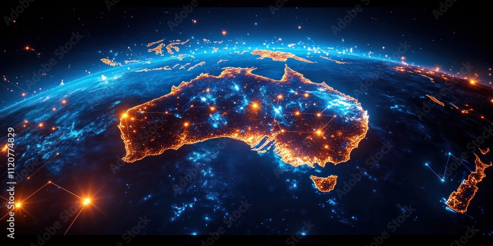 Poster australia network connectivity digital map of technology in cyberspace with vibrant neon lights