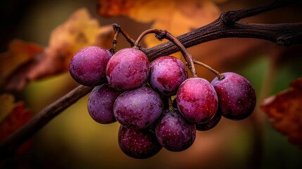 Fresh Grapes on Vine in Autumn Setting