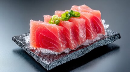 Freshly Sliced Sashimi with Green Onion on Icy Stone Plate