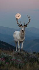 Fototapeta premium A majestic white deer with perfect antlers, on the mountain and the beautiful view of the full moon at night