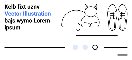 Black outline of a cat and shoes, placeholder text, and horizontal lines. Ideal for minimalist designs, web and app design, print materials, infographics, fashion, animals, and user interface