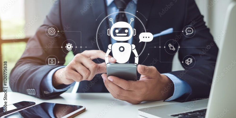 Poster businessman using smartphone with ai robot assistant chatbot
