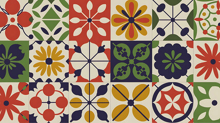 Folk art-inspired tiles with hand-drawn patterns in vibrant reds, blues, and yellows.