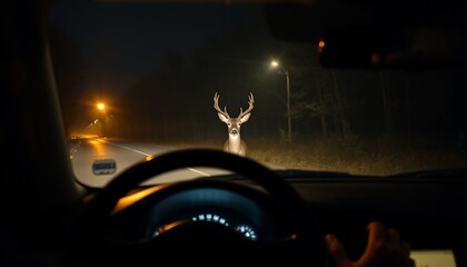 Nighttime deer on road, viewed from car.