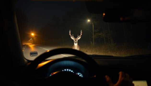 Nighttime deer on road, viewed from car.