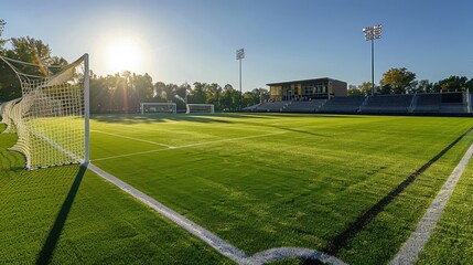 Football field with goalposts catching the sunlight Looking from the side empty stadium seats