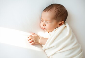 Peaceful newborn baby asleep in a white wrap, sunlight on the fabric.