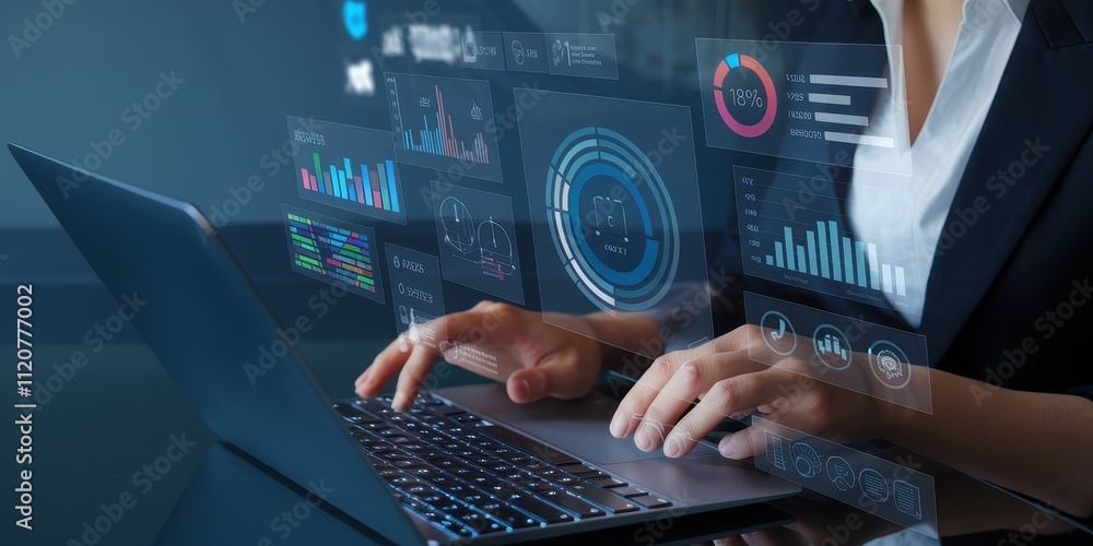 Poster analyzing big data and financial analytics on digital dashboard