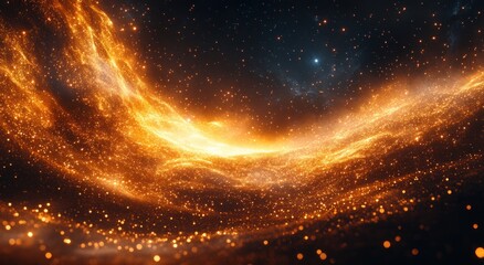 Sunlight Flare Effect with Radiant Burst of Light Abstract Expressionism Golden Glow and Shimmering Particles on Black Background
