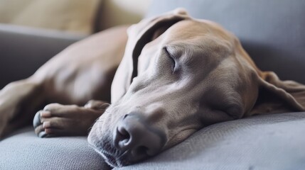 A sleeping dog resting comfortably on a couch.