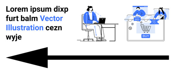 Remote professional using a laptop with headphones, online shopping cart checkout, large arrow pointing left, and placeholder text. Ideal for e-commerce, remote work, directions, technology, customer