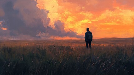 Sunset Landscape: A lone figure in a vast field under a fiery sky