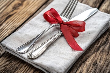 Elegant table setting with fork and knife tied with red ribbon on linen napkin - Powered by Adobe