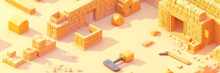 3D construction scene with tools and materials.