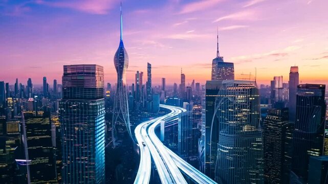 A vibrant cityscape at sunset with skyscrapers and a winding road illuminated by lights.