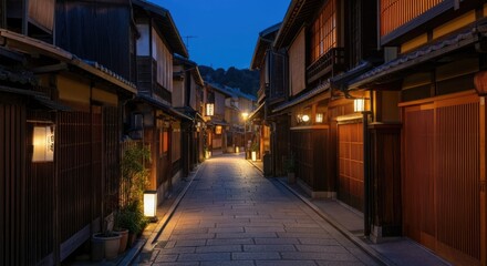 Obraz premium Quaint, dimly-lit street in Japan with traditional wooden houses at dusk