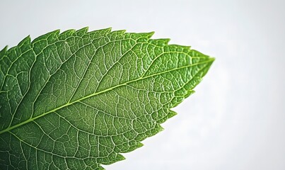 Obraz premium Close-up of a vibrant green leaf showing detailed veins and texture against a white background.