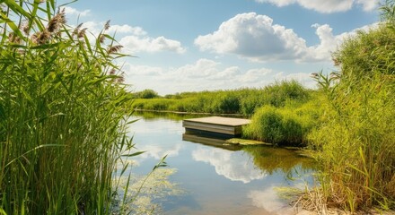 Obraz premium Tranquil wetland with dense vegetation and wooden platform under blue sky
