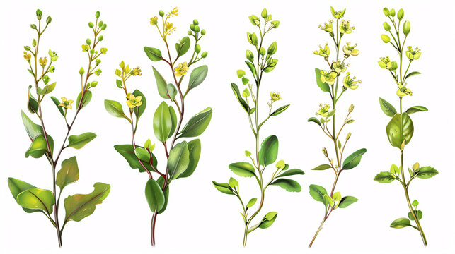 Set of Larrea-cuneifolia plants isolated on a white background, top view.