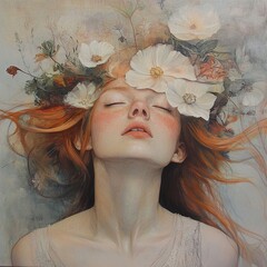 Serene Woman with Flowers in Hair: A Dreamy Portrait
