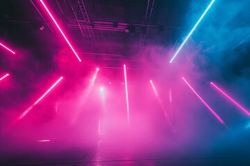 Colorful laser lights and haze create a vibrant atmosphere in an indoor event space. Generative AI