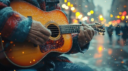 Naklejka premium Musician Playing Guitar on Street During Snowfall with Blurred City Lights