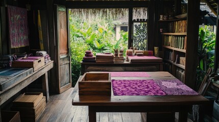 Rustic shop interior with handcrafted textiles and wooden furniture.