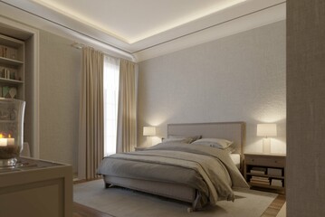 two point perspective modern classic bedroom interior background with decorations, bedside table, table lamp and empty space on the wall. 3d illustration