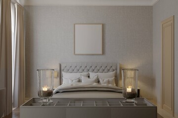 modern classic bedroom interior background with decorations, bedside table, table lamp and mockup poster framed. 3d rendering