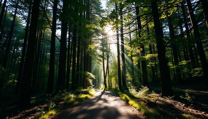 Obraz premium Sunbeams illuminate path through lush forest.