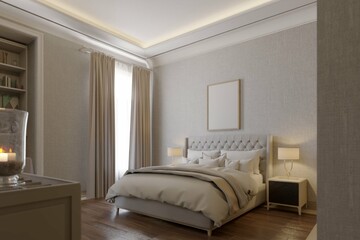 modern classic bedroom interior background with decorations, bedside table, table lamp and mockup poster framed. 3d illustration