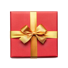 Red gift box with gold ribbon and bow on transparent background. Top view. Flat ley. 