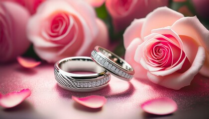 Two diamond rings rest on pink rose petals, a romantic symbol of love and commitment.