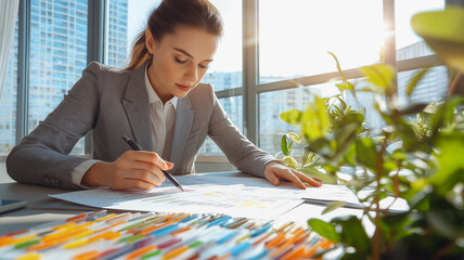 A young businesswoman in a gray suit, analyzing financial charts in a bright office
