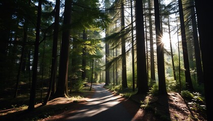Obraz premium Sunlit path through a lush forest with tall trees.