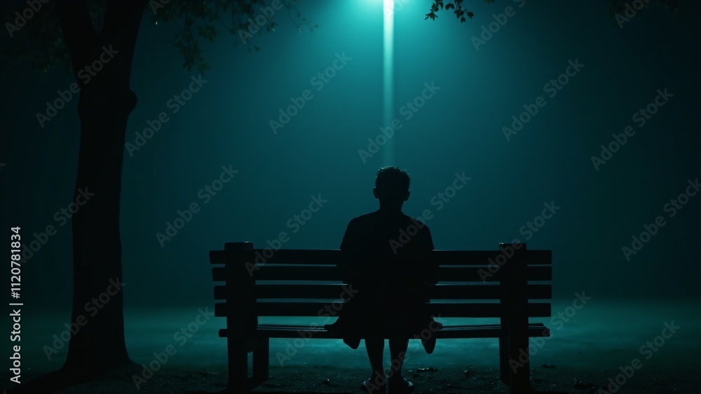 Poster silhouette dissolving into curling shadows on a weathered bench under dim light. a poignant depictio