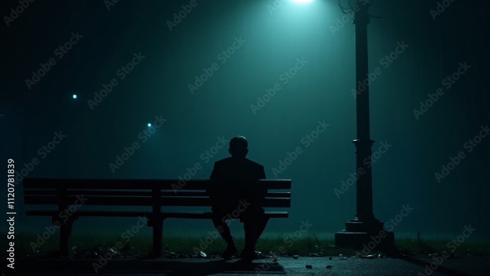 Poster silhouette dissolving into curling shadows on a weathered bench under dim light. a poignant depictio