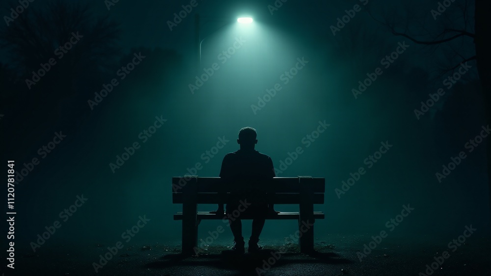Poster silhouette dissolving into curling shadows on a weathered bench under dim light. a poignant depictio