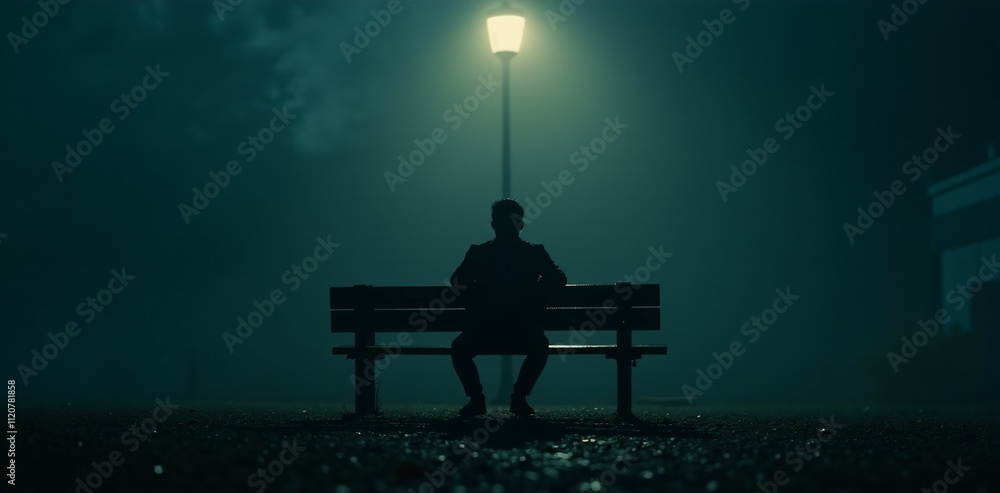 Poster silhouette dissolving into curling shadows on a weathered bench under dim light. a poignant depictio